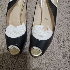 Christian Louboutin Black and Gold Peep Toe Flats